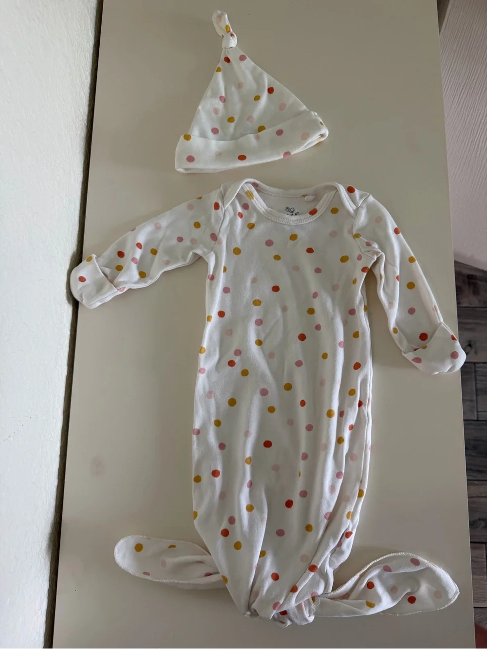 White Baby Gown and Knot Hat with Pink, Mustard & Orange Polka Dots